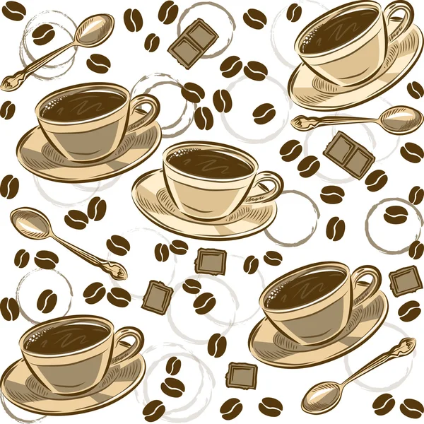 Padrão sem costura com grãos de café e xícaras. Ilustração vetorial — Vetor de Stock