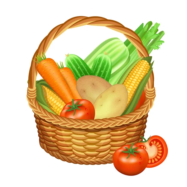 Cesta con verduras aisladas sobre blanco. Ilustración vectorial . — Vector de stock