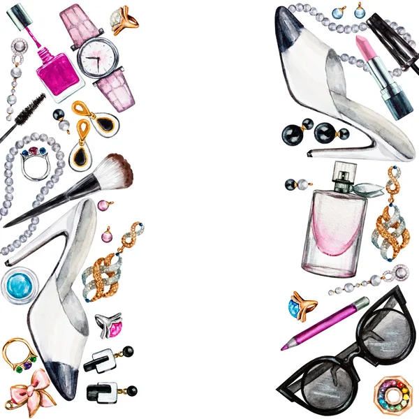 Frame of various watercolor female accessories. Makeup products — Stock Photo, Image