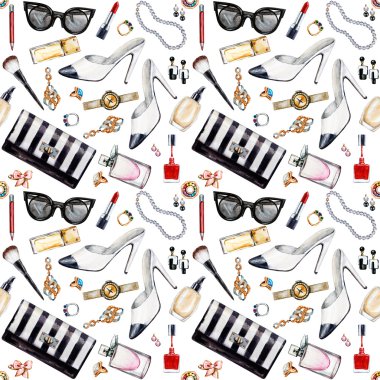 Çeşitli kadın aksesuarları ile Seamless suluboya modeli.