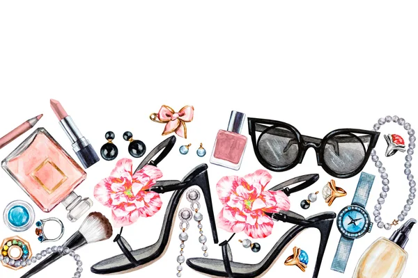 Border of various watercolor female accessories. Makeup products — Stock Photo, Image