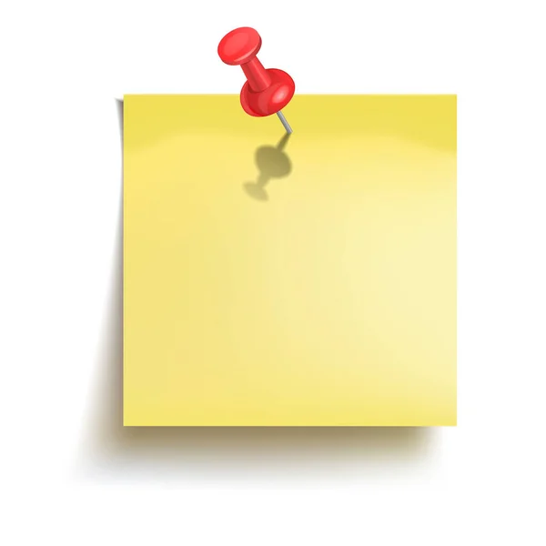 Yellow Sticker Attached Red Pushbutton White Background Memo Note Pinned — Zdjęcie stockowe