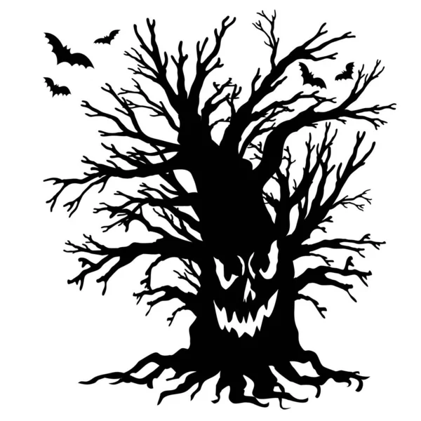 Αποκριάτικο Δέντρο Τρομακτικό Πρόσωπο Απόκριες Βελανιδιά Σιλουέτα Νυχτερίδες Πρότυπο Σχεδιασμού — Φωτογραφία Αρχείου
