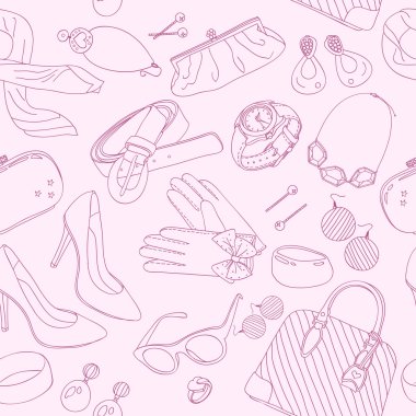 Dikişsiz desen kadın aksesuarları. Vektör çizim.