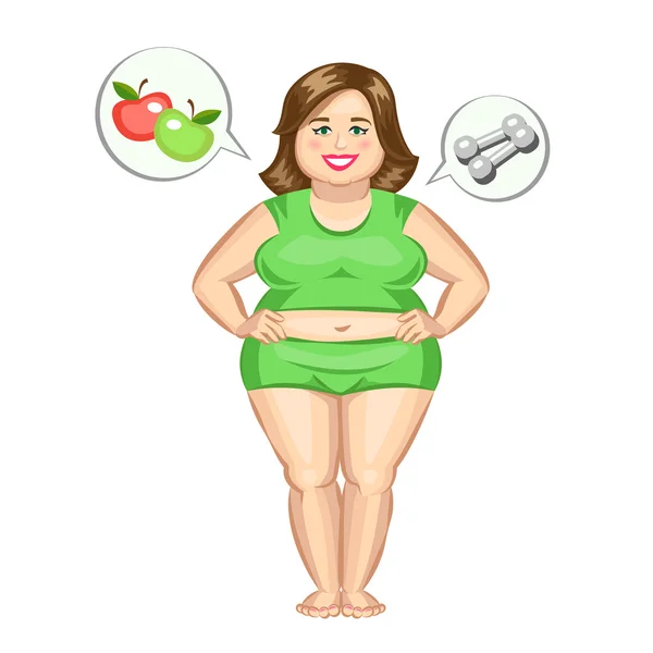 La chica gorda con mancuernas y las manzanas. Ilustración de vector. — Vector de stock