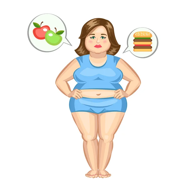 La chica gorda con la hamburguesa y las manzanas. Ilustración de vector. — Vector de stock