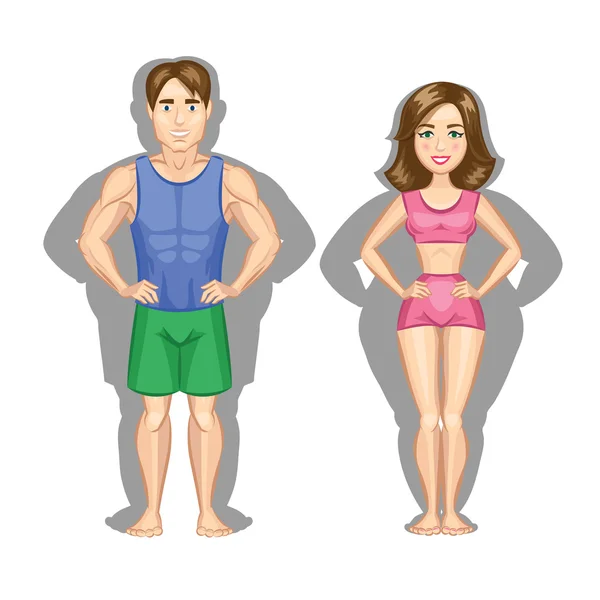 Cartoon healthy lifestyle illustration. Woman and man. - Stok Vektor