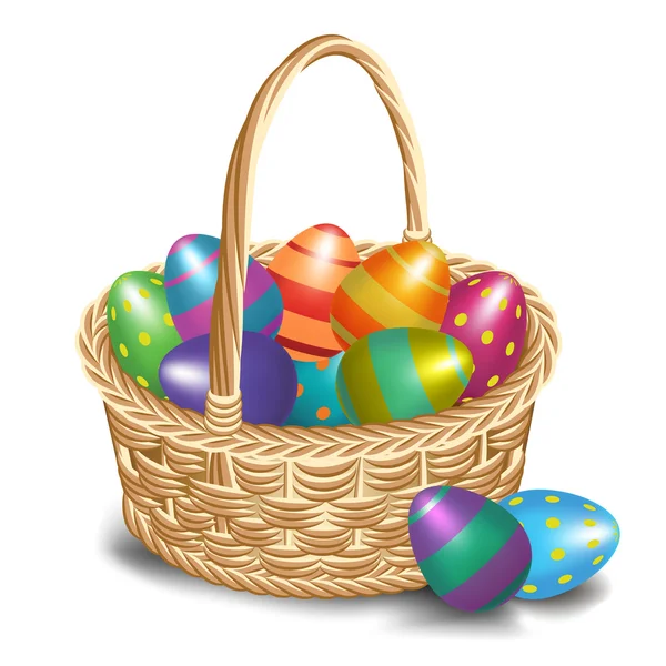 Canasta de Pascua con los huevos coloreados sobre un fondo blanco. — Vector de stock