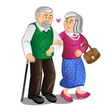 Senior couple walking holding hands illustration.
