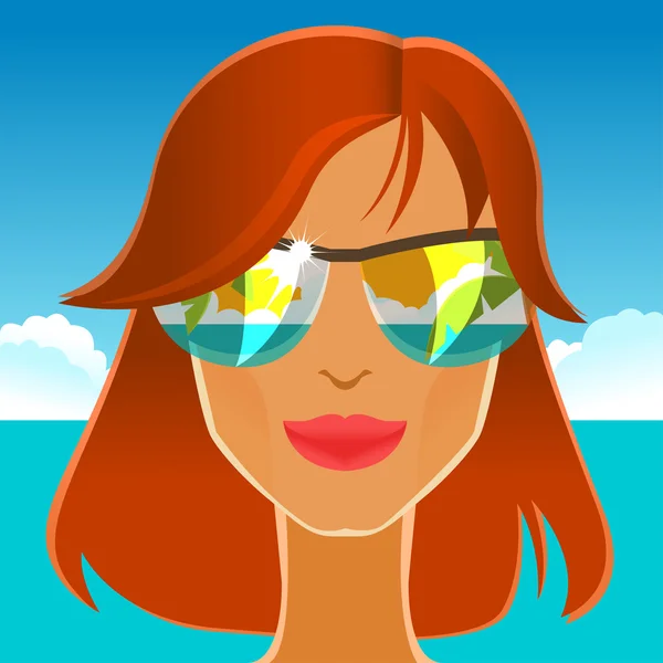 Beautiful redhead girl in sunglasses on the beach. — Stock Photo, Image