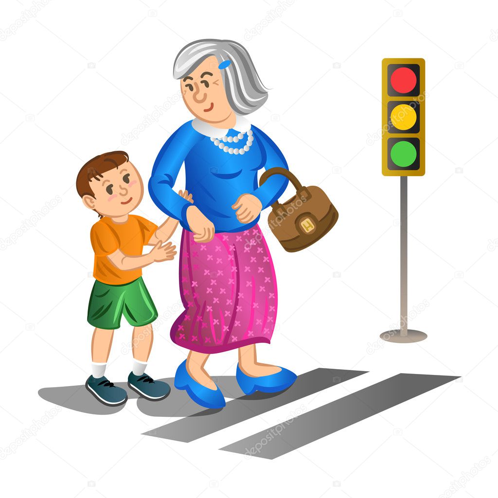 Boy helping old lady cross the street Illustration.