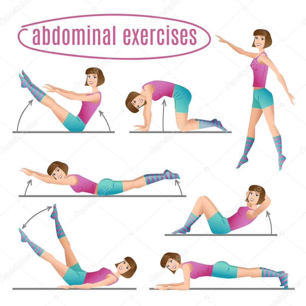Set of exercises. Woman doing abdominal exercises.