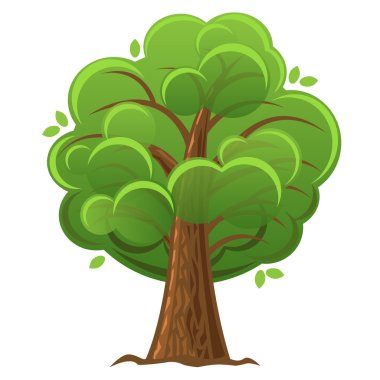 Çizgi film ağacı, yeşil meşe ağacı ve şatafatlı yapraklar.