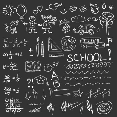 Okula geri blackboard sette doodles. Vektör çizim.