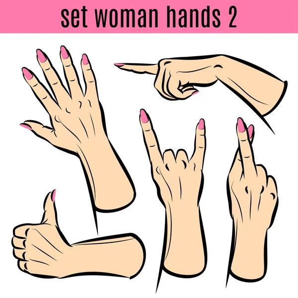 Conjunto de mulher mãos em vários gestos. Ilustrações vetoriais. — Vetor de Stock