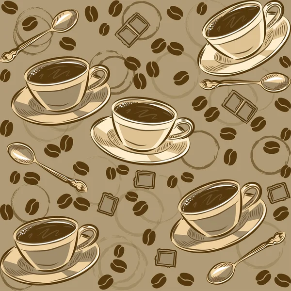 Padrão sem costura com grãos de café e xícaras. Ilustração vetorial — Vetor de Stock