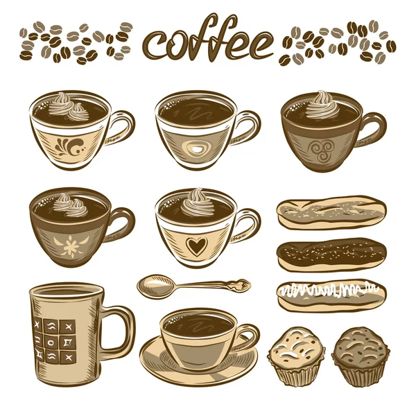 Insieme del caffè di vettore disegnato a mano. Torte e tazze di caffè. — Vettoriale Stock