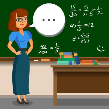 Öğretmen sınıfta blackboard arka plan üzerinde duran.