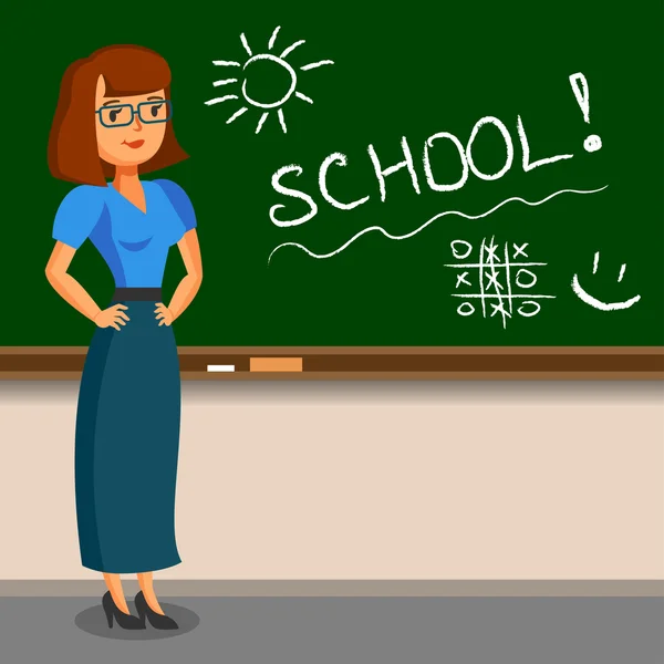 Teacher standing on blackboard background in the classroom. — Stock Vector