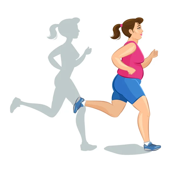 Actieve vet jongeren joggen vrouw, verlies gewicht cardio-training — Stockvector