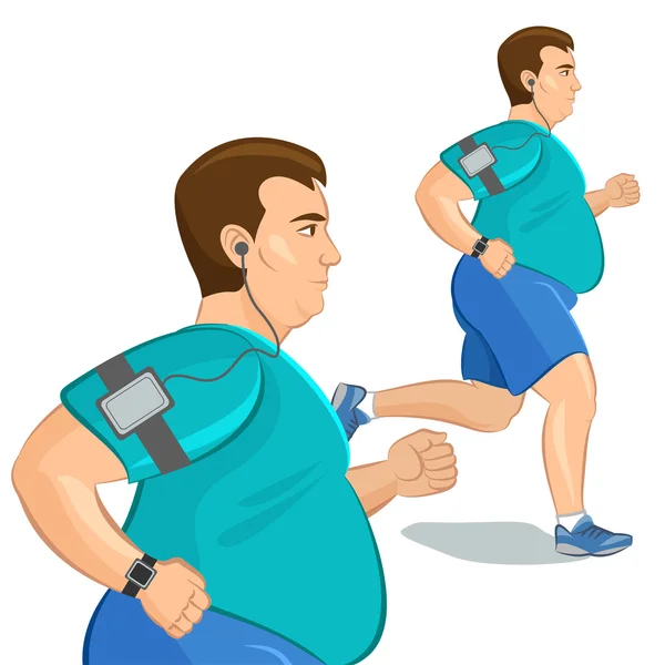 Jogging hombre gordo, pérdida peso cardio entrenamiento con dispositivos inteligentes. — Vector de stock