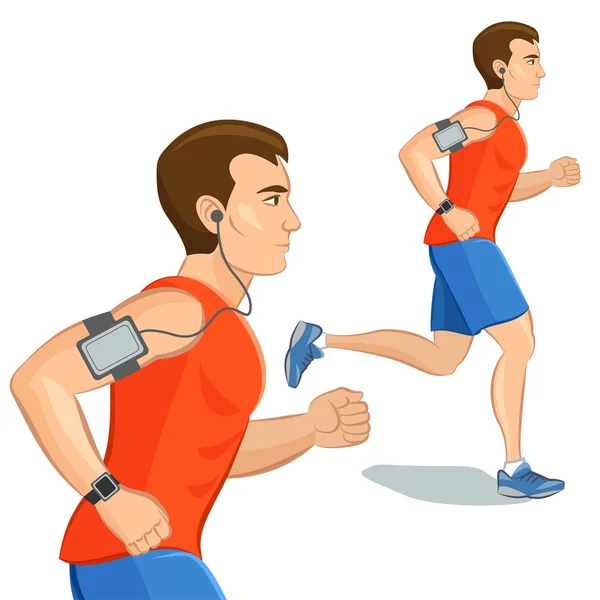 Jogging sporty man, cardio training with smart device — Stock Vector