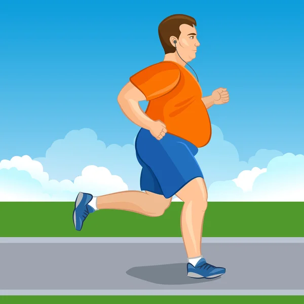 Ilustração de um homem gordo dos desenhos animados fazer jogging, conceito de perda de peso — Vetor de Stock