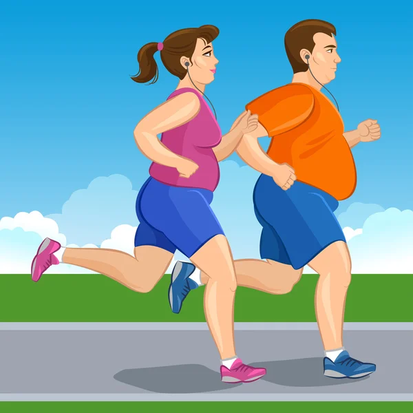 Illustration of a fat runners - couple running, health conscious — Stock Vector