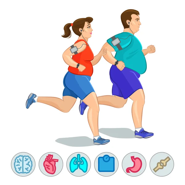 A kövér futók - pár fut, az egészség tudatos illusztrációja — Stock Vector