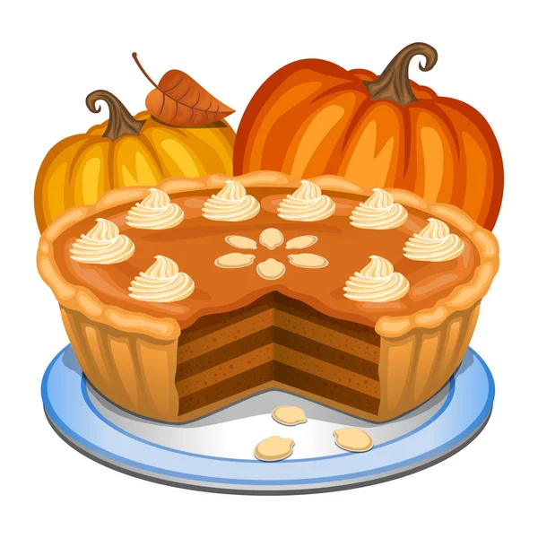 Pumpkin pie with white creme and orange pumpkin — Stock Vector