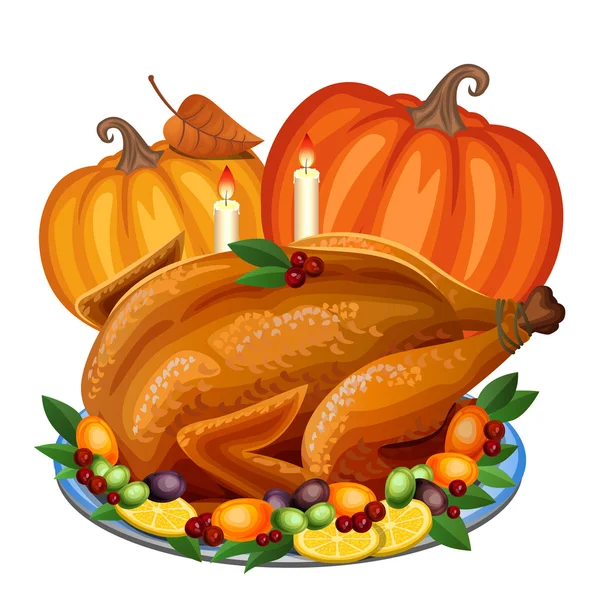 かぼちゃの飾りとオレンジの大皿に感謝祭の七面鳥 — ストックベクタ