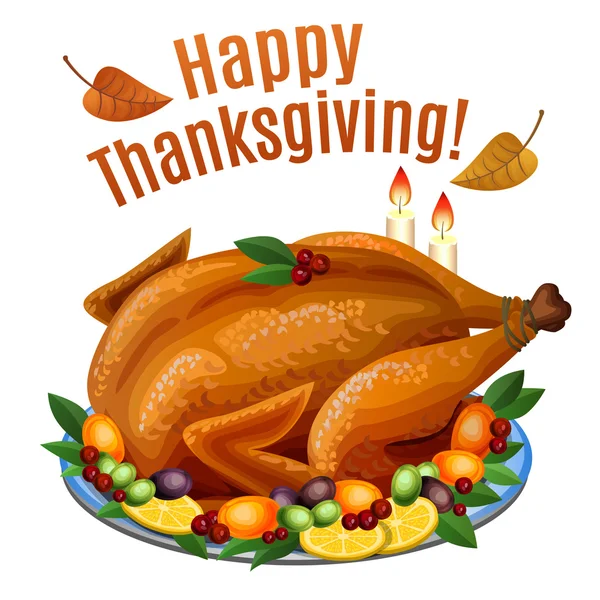 Thanksgiving kalkoen op schotel met garnituur, gebraden kalkoen diner — Stockvector