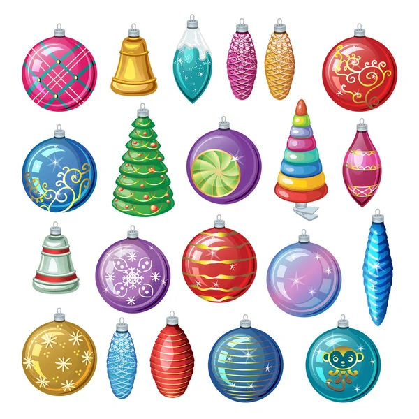 Conjunto de vendimia adornos Navidad, bolas de vector y juguetes. — Vector de stock