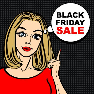 Parmak sallamak için siyah Cuma satış kabarcık ve pop art kadın.