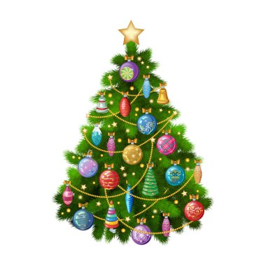 Renkli süsler, vektör çizim ile Noel ağacı.