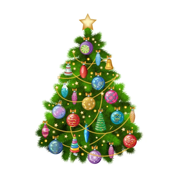 Рождественская елка с красочными орнаментами, векторные иллюстрации. — стоковый вектор