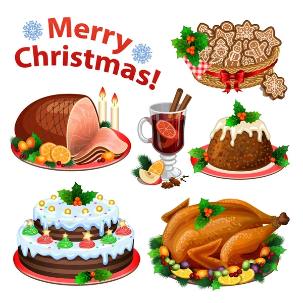 Set van cartoon pictogrammen voor kerstdiner — Stockvector
