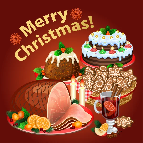 Julbord, traditionell julmat och desserter — Stock vektor
