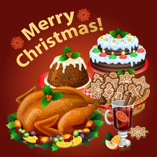 Christmas dinner, traditional christmas food and desserts – stockvektor