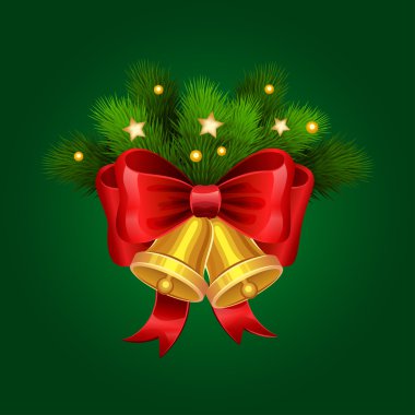 Kırmızı yay ve çam dalları ile altın Noel çanları.