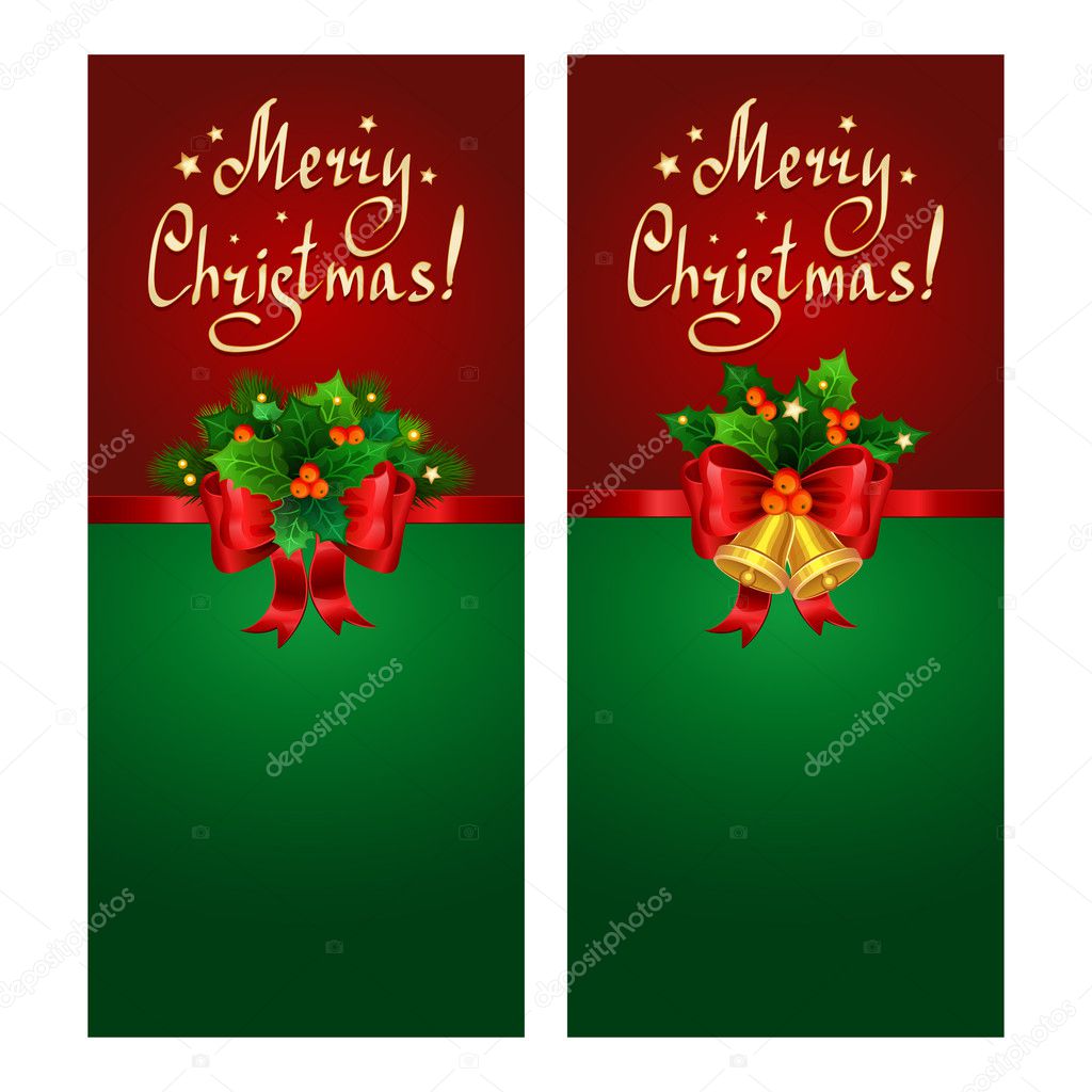Christmas banner set with red bow, fir branches, Christmas bells