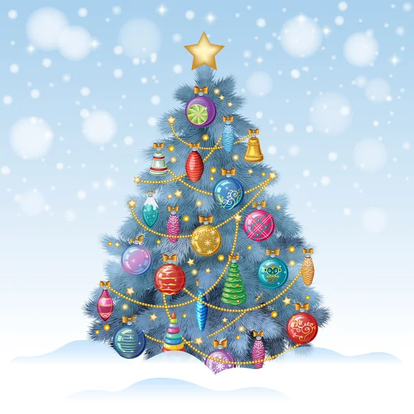 Árbol de Navidad azul con adornos de colores, ilustración vectorial — Vector de stock