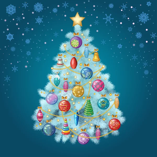 Blue Christmas tree with colorful ornaments, vector illustration — Stock Vector