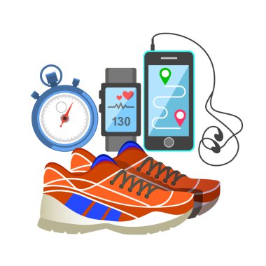 Kırmızı spor ayakkabılar, kalp hızı monitör, telefon ve kronometre.