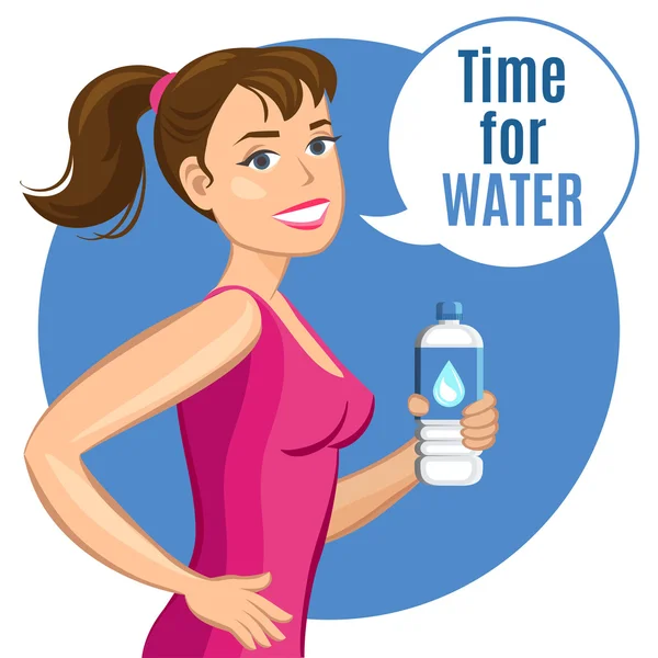 Mulher de desenhos animados com uma garrafa de água, bebida saudável e adequação. — Vetor de Stock