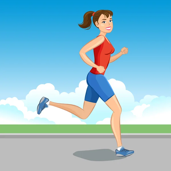 Usměvavá karikatura dívka jogging, krásná běžící žena. — Stockový vektor