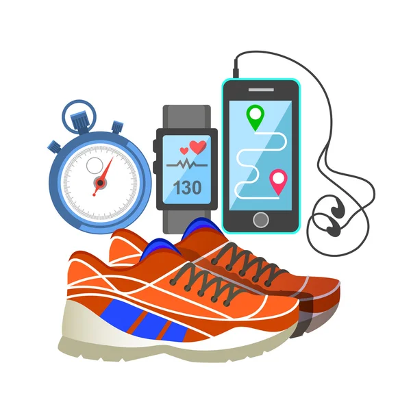 Baskets de sport rouge, moniteur de fréquence cardiaque, téléphone et chronomètre. — Image vectorielle