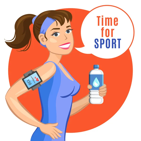Lachende cartoon meisje met water, zegt laten we fitness. — Stockvector