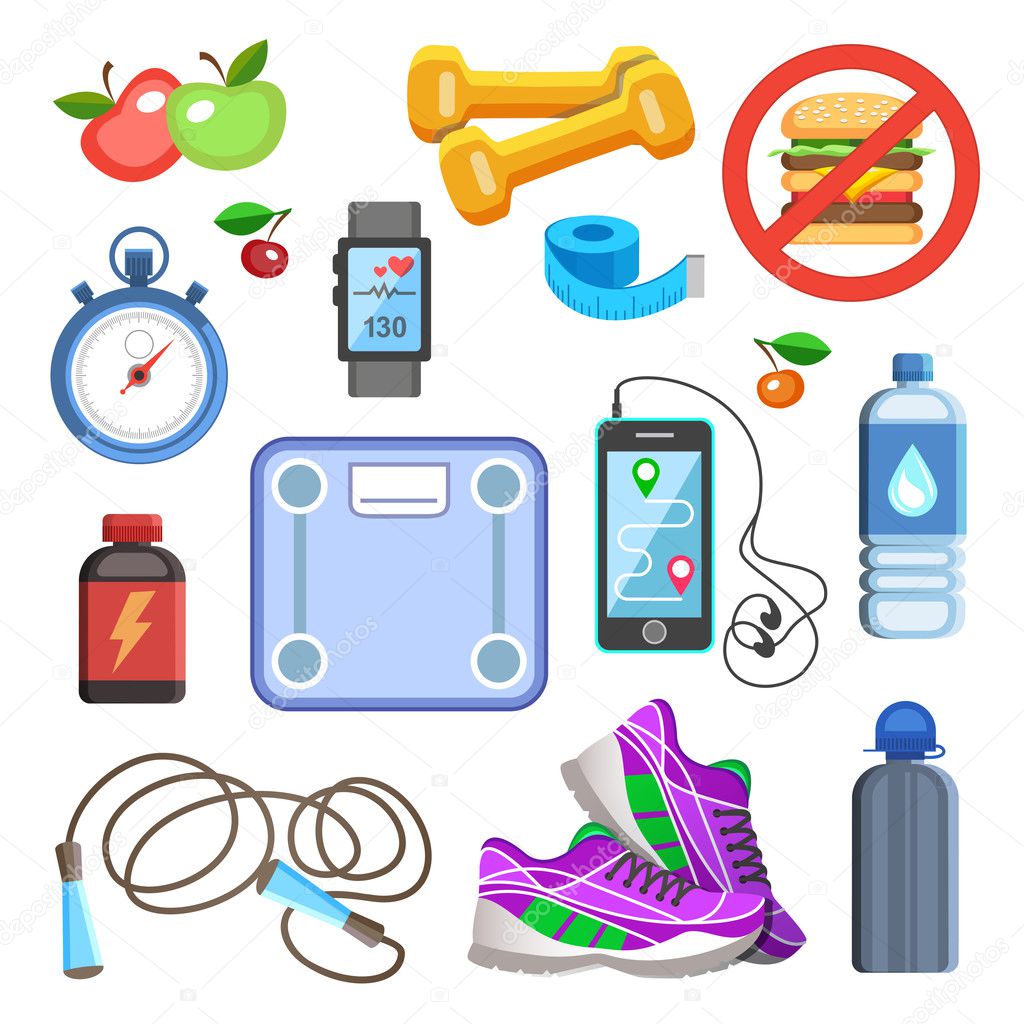 Sport icons or fitness kit elements. Sport concept, vector.