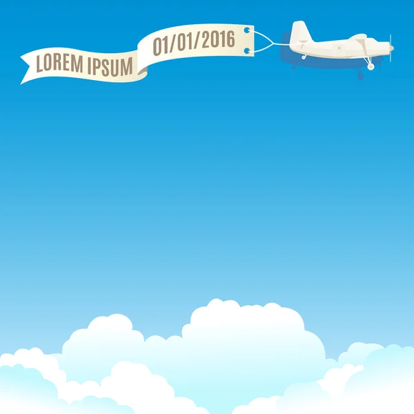 Flying vintage plane with banner and white clouds. Vector - Stok Vektor